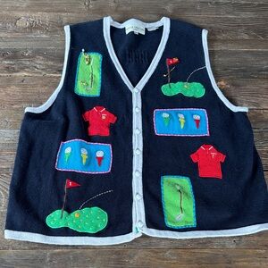 Marisa Christina whimsical Grannycore knit navy golfing themed vest 2X